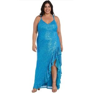 Morgan Co Turquoise Sequin Ruffle Spaghetti Strap Maxi Dress Size 18W